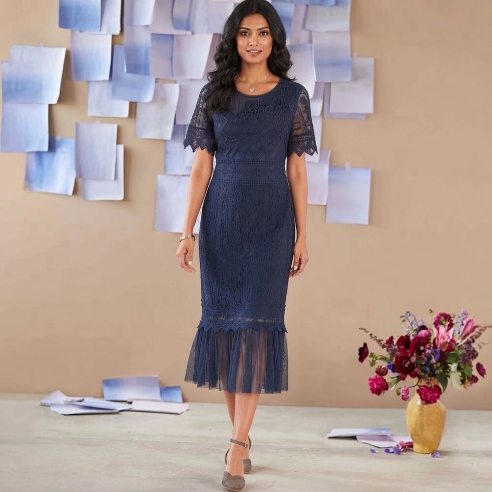 Sundance Lace Midi Dress Size M Navy Blue Embroidered Boho Romantic Whimsigoth